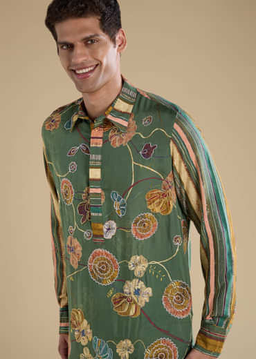 Green Kalamkari Mens Kurta and Pant Set
