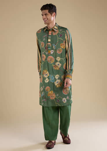 Green Kalamkari Mens Kurta and Pant Set