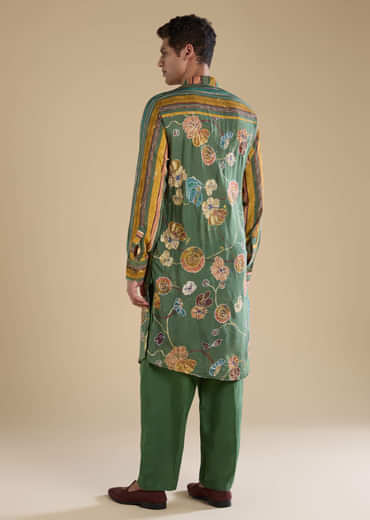 Green Kalamkari Mens Kurta and Pant Set