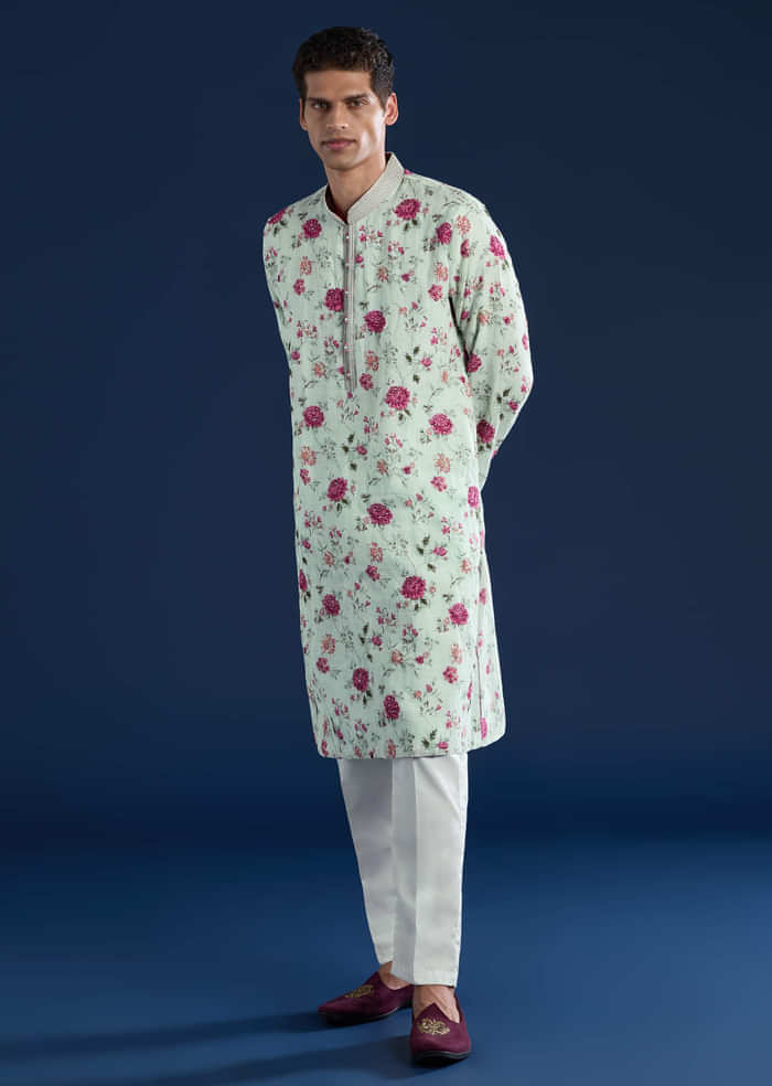 Green Linen Kurta Set with Sequin Work