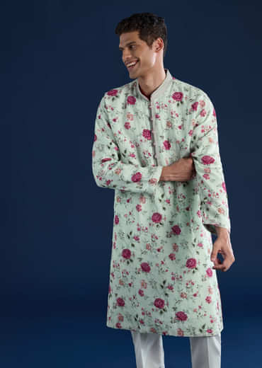 Green Linen Kurta Set with Sequin Work