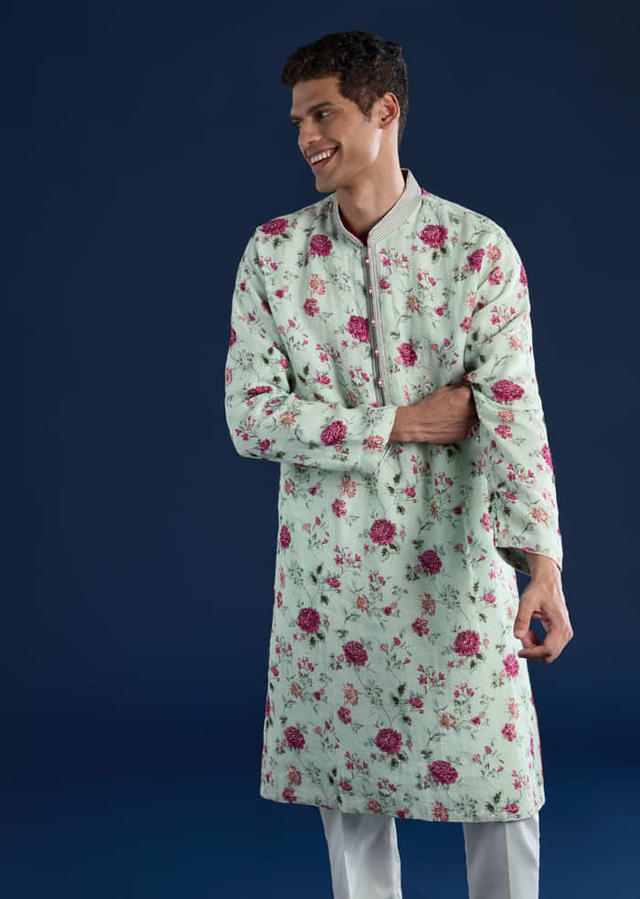 Green Linen Kurta Set with Sequin Work