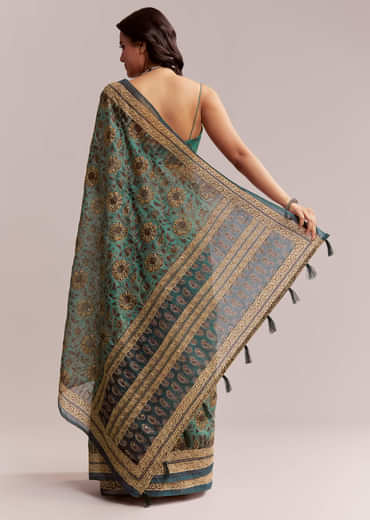 Green Linen Printed Saree With Heritage Ajrakh Work