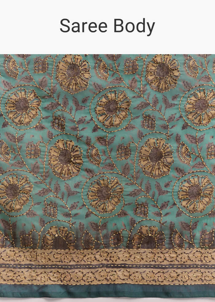 Green Linen Printed Saree With Heritage Ajrakh Work