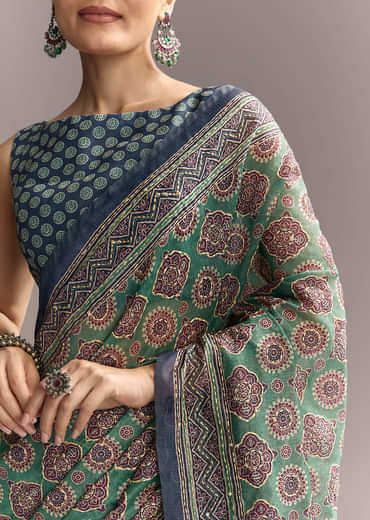 Green Linen Saree With Authentic Ajrakh Print And Indigo Border