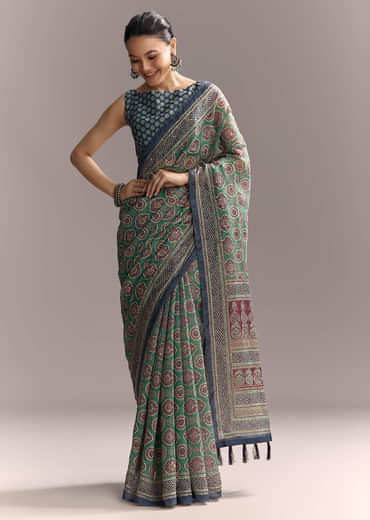 Green Linen Saree With Authentic Ajrakh Print And Indigo Border