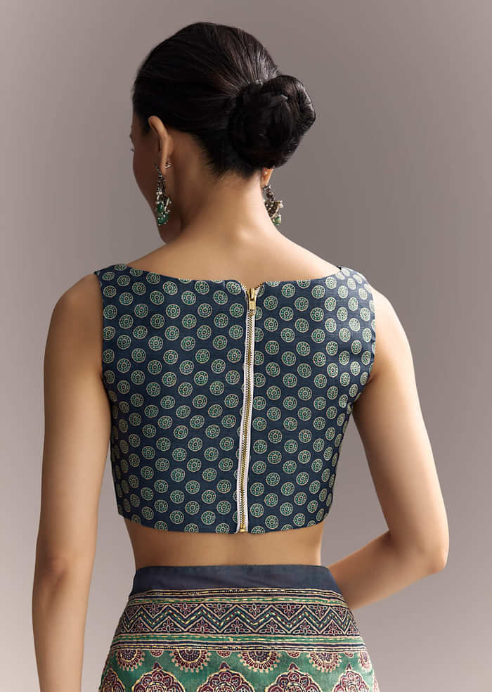 Green Linen Saree With Authentic Ajrakh Print And Indigo Border