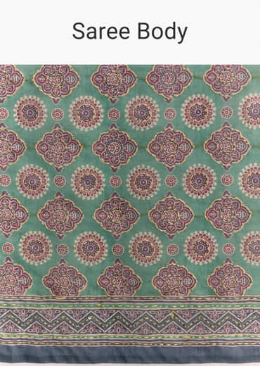 Green Linen Saree With Authentic Ajrakh Print And Indigo Border