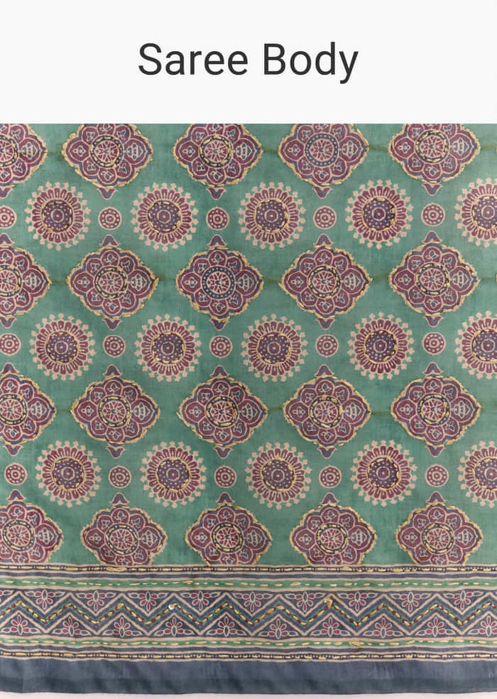Green Linen Saree With Authentic Ajrakh Print And Indigo Border