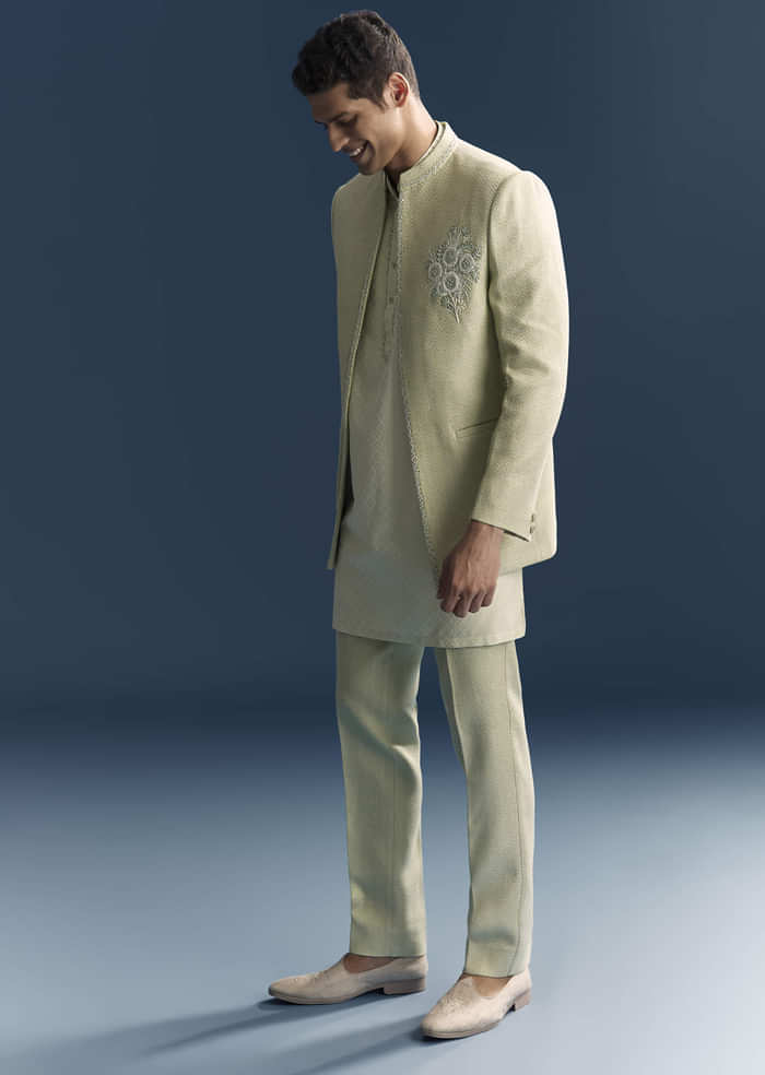 Green Matka Silk Jodhpuri Suit For Men With Hand Embroidery