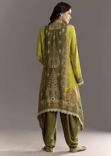 Green Muslin Floral And Bandhani Printed Asymmetrical Cut Kurta Dhoti