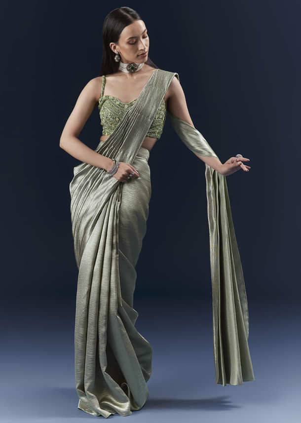 Green Net Ready Pleated Saree With Embroidery