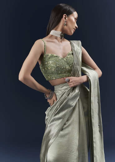 Green Net Ready Pleated Saree With Embroidery
