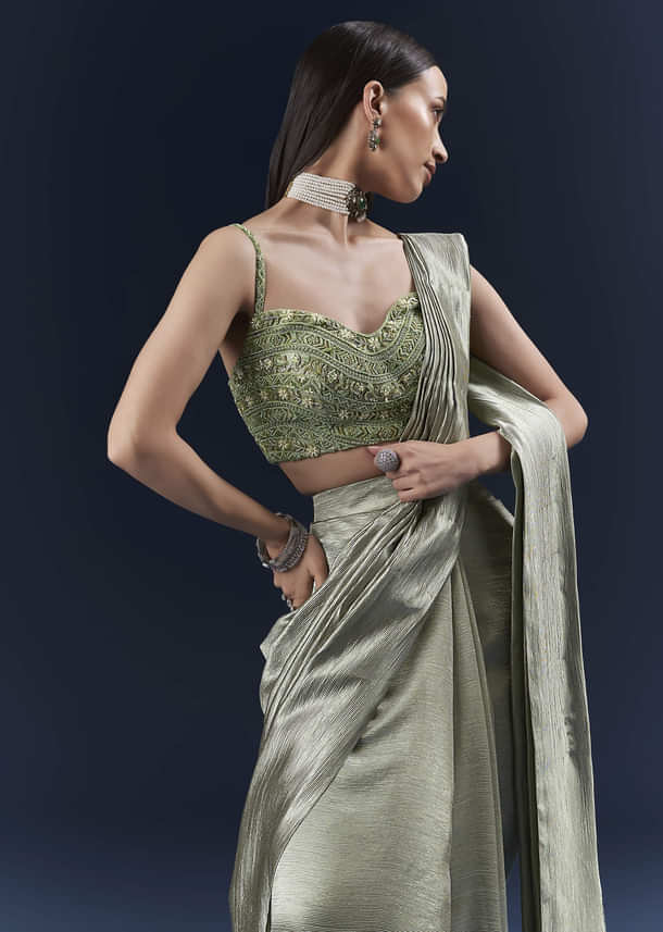 Green Net Ready Pleated Saree With Embroidery