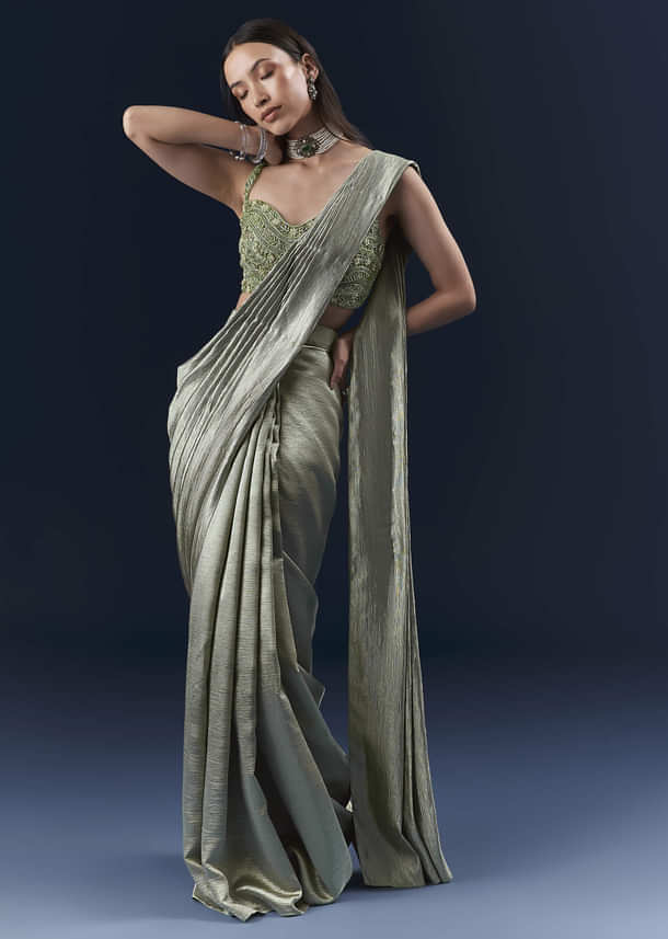 Green Net Ready Pleated Saree With Embroidery