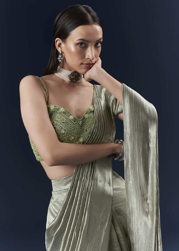 Green Net Ready Pleated Saree With Embroidery