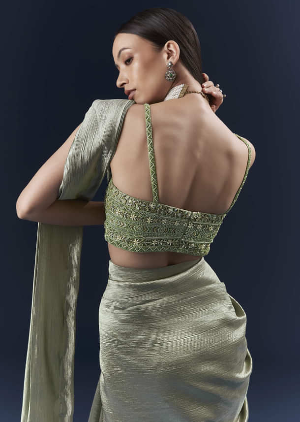 Green Net Ready Pleated Saree With Embroidery