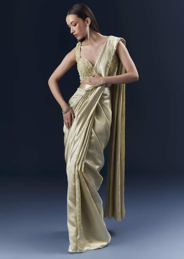 Green Net Ready Pleated Saree With Intricate Embroidery