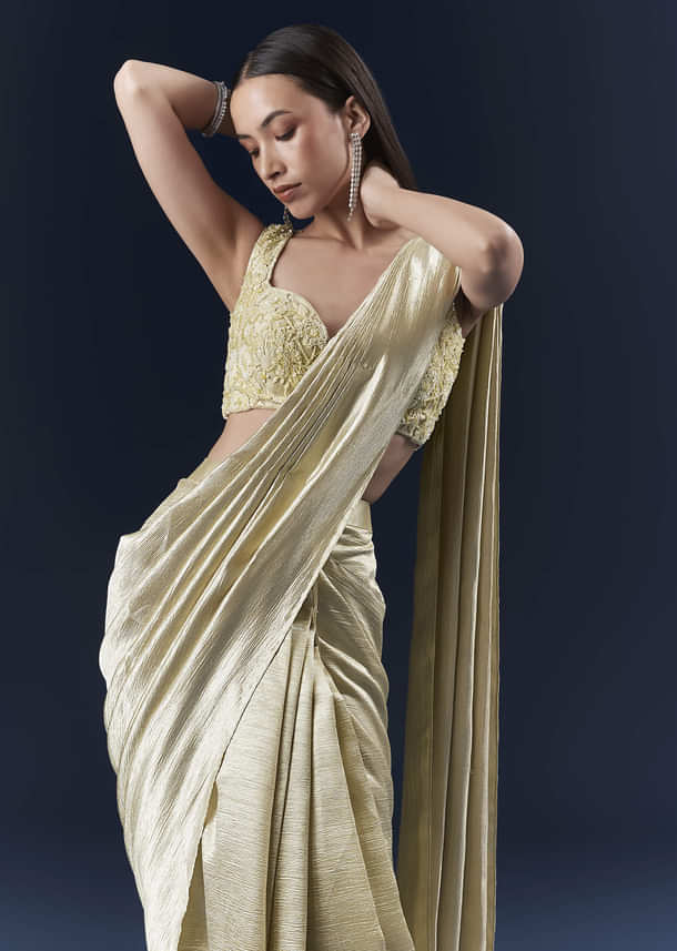 Green Net Ready Pleated Saree With Intricate Embroidery