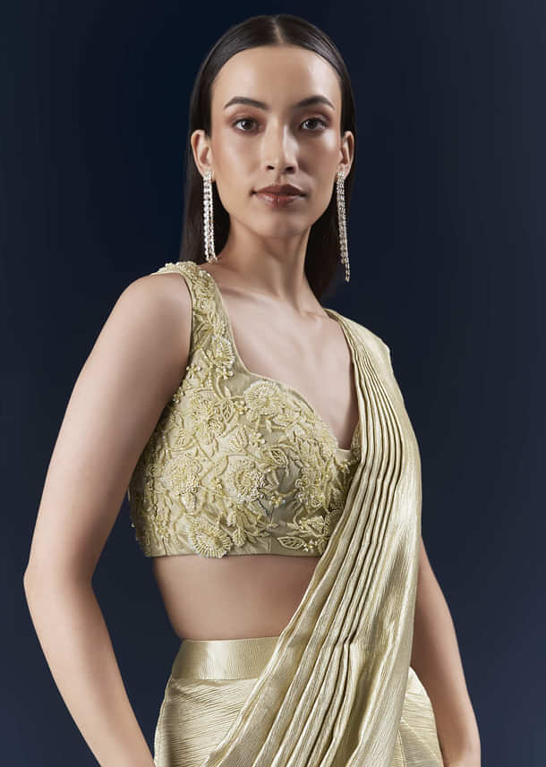 Green Net Ready Pleated Saree With Intricate Embroidery