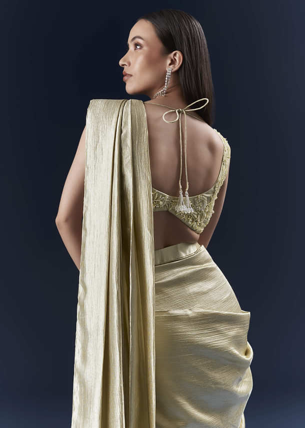 Green Net Ready Pleated Saree With Intricate Embroidery