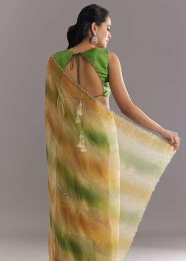 Green Orange Shaded Soft Organza Saree With Cutdana Embroidery And Stone Embellishment