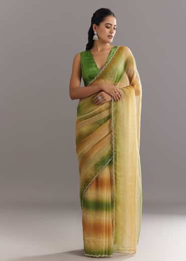 Green Orange Shaded Soft Organza Saree With Cutdana Embroidery And Stone Embellishment