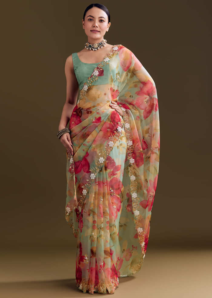 Green Organza Floral Saree With Embellished Border