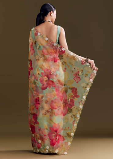 Green Organza Floral Saree With Embellished Border