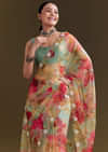 Green Organza Floral Saree With Embellished Border