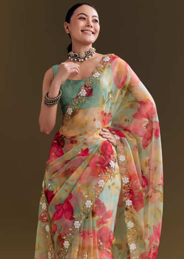 Green Organza Floral Saree With Embellished Border