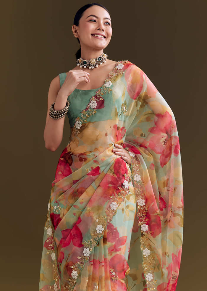 Green Organza Floral Saree With Embellished Border