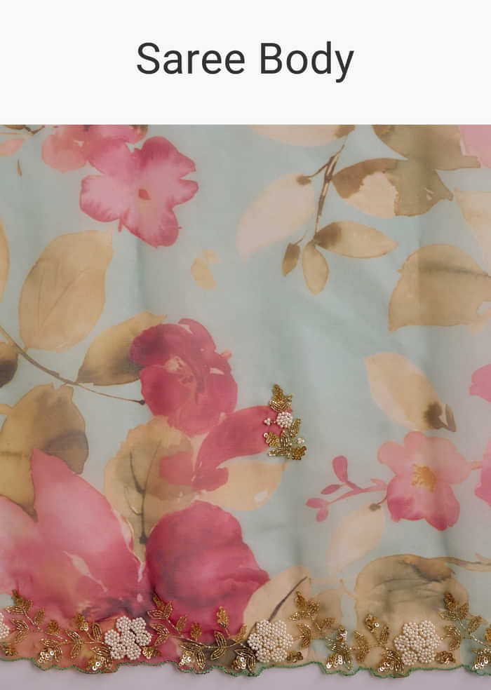 Green Organza Floral Saree With Embellished Border