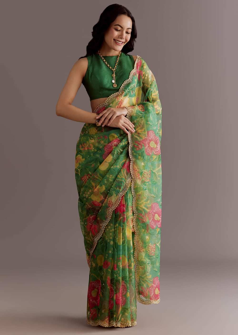 Green Organza Saree With Floral Print And Embellished Border