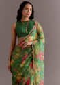 Green Organza Saree With Floral Print And Embellished Border