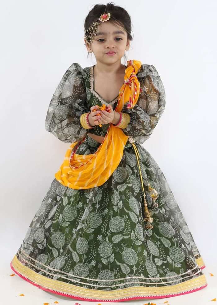 Kalki Girls Green Printed Lehenga And Blouse In Organza With Yellow Lehariya Dupatta Online - Kalki Fashion