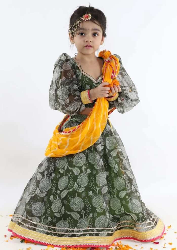 Kalki Girls Green Printed Lehenga And Blouse In Organza With Yellow Lehariya Dupatta Online - Kalki Fashion
