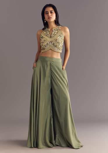 Green Raw Silk Croptop With Zardosi Work Palazzo Suit