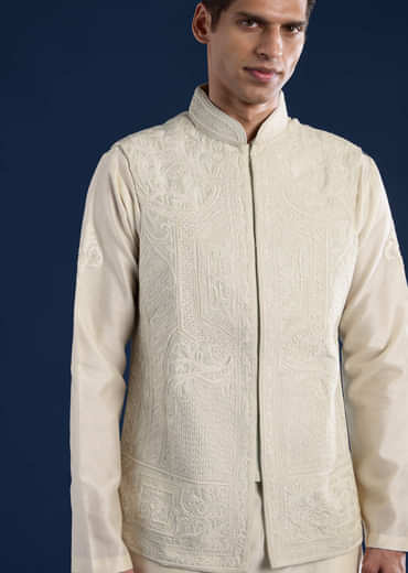 Green Raw Silk Jacket Kurta Set with Dori Work