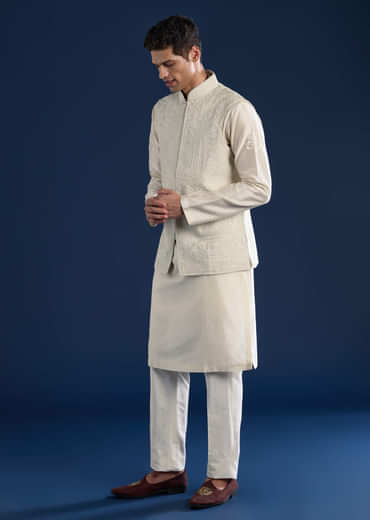 Green Raw Silk Jacket Kurta Set with Dori Work