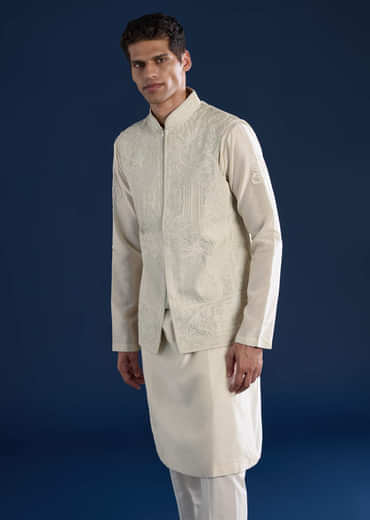 Green Raw Silk Jacket Kurta Set with Dori Work