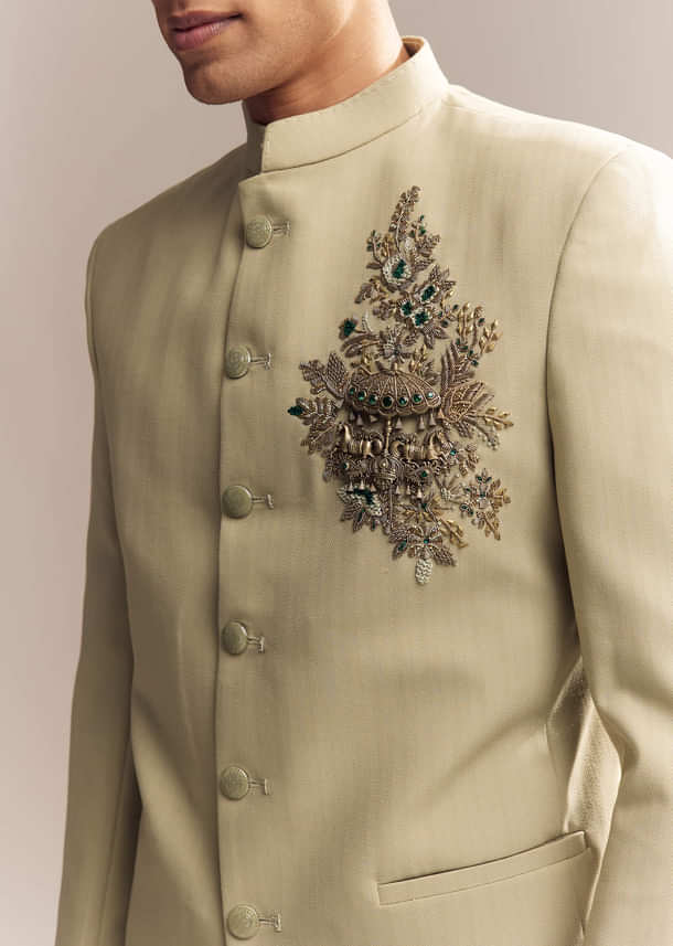 Green Rayon Jodhpuri Suit For Men With Zardosi Embroidery And Brooch Green Rayon Jodhpuri Suit For Men With Zardosi Embroidery And Brooch