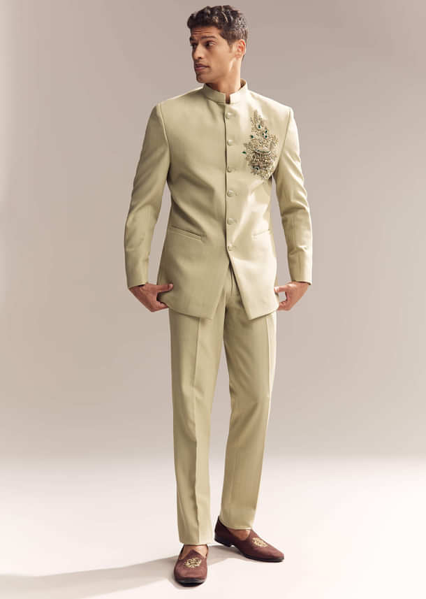 Green Rayon Jodhpuri Suit For Men With Zardosi Embroidery And Brooch Green Rayon Jodhpuri Suit For Men With Zardosi Embroidery And Brooch