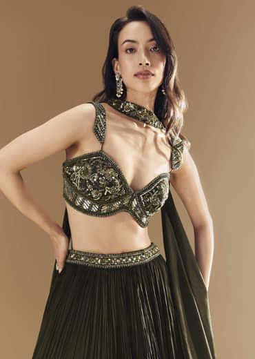 Green Ruched Bridesmaid Lehega with Choker Dupatta