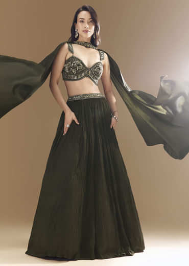 Green Ruched Bridesmaid Lehega with Choker Dupatta