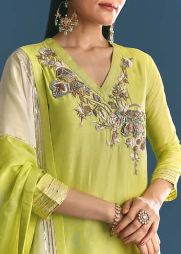Green Russian Silk Kurta Sharara Suit With Gotta Work