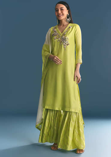 Green Russian Silk Kurta Sharara Suit With Gotta Work