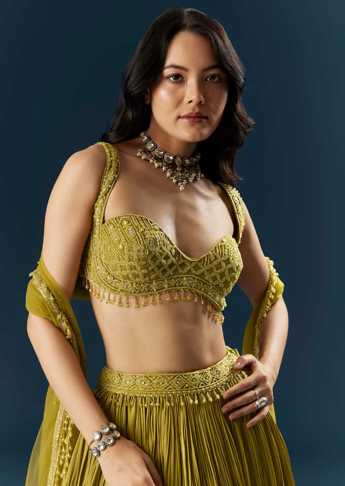 Green Satin Bridesmaid Lehenga With Cutdana And Beads Embroidery