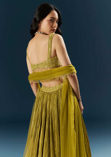 Green Satin Bridesmaid Lehenga With Cutdana And Beads Embroidery