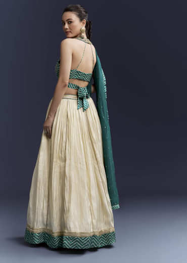 Green Satin Bridesmaid Lehenga With Hand Dyed Chevron Print Choli
